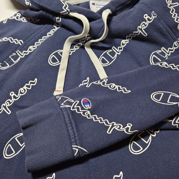 Champion Dark Blue All-Over Logo Men's Hoodie - Picture 6 of 7